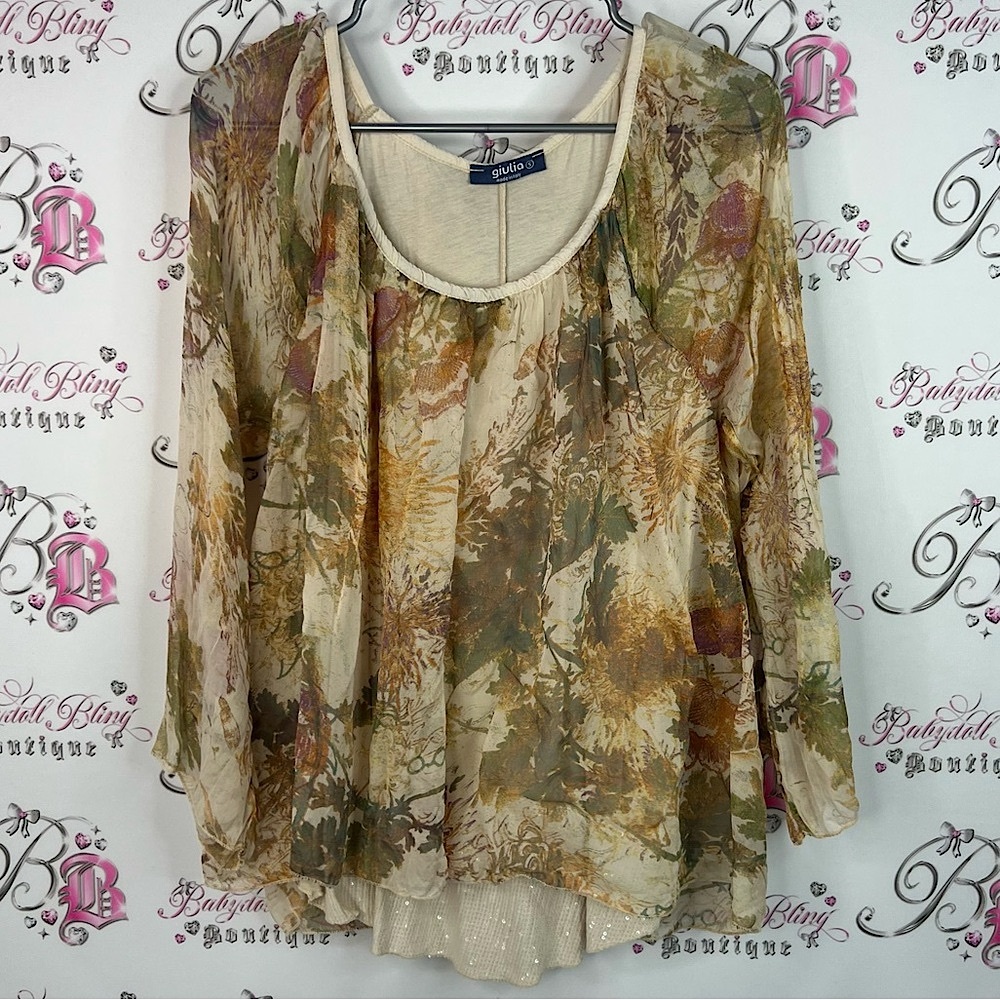 Giulia Italy flowy camo style leafs Floral Chiffon Blouse - Cream and Brown